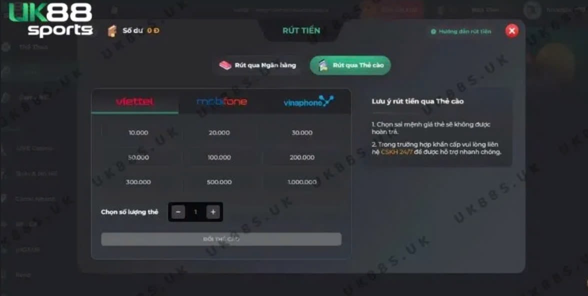 Các thao tác giao dịch rút tiền UK88 nhanh, siêu tốc